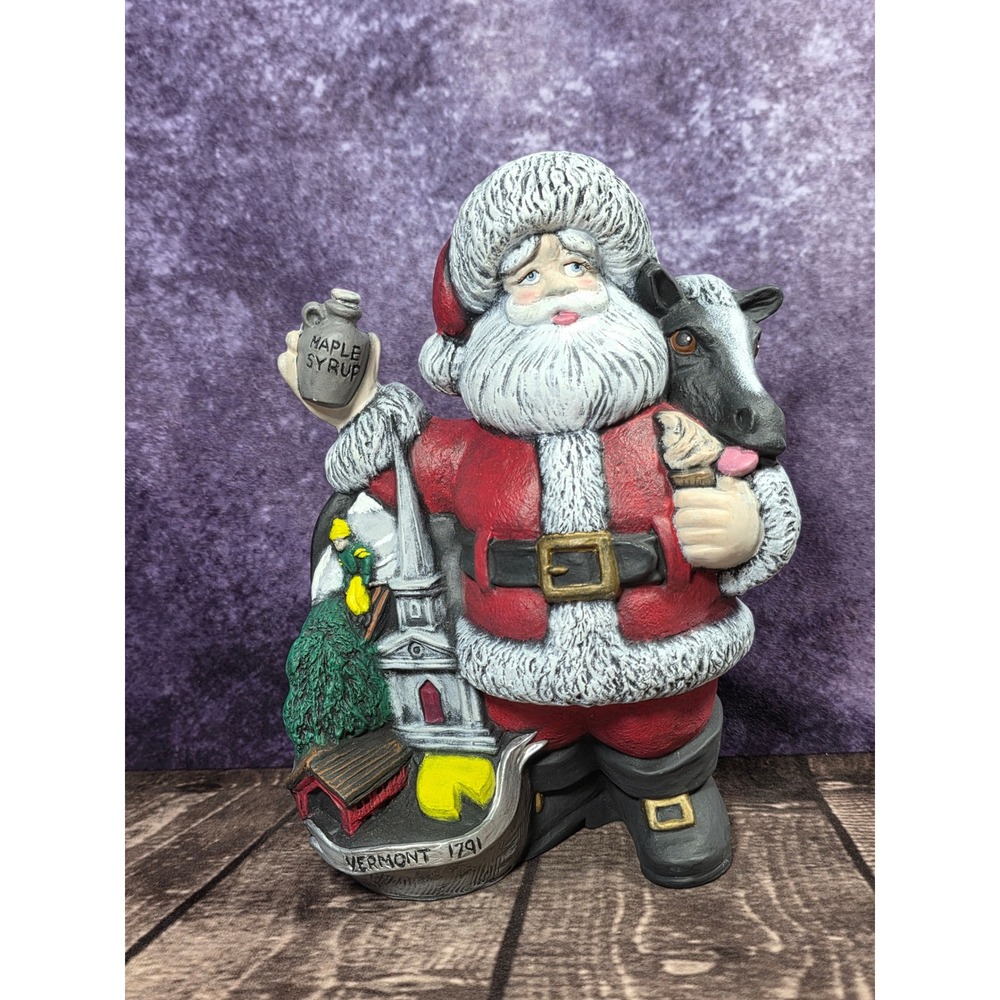 Vermont 1791 Santa Claus Figurine Ceramic Maple Syrup Cow Covered Bridge Decor